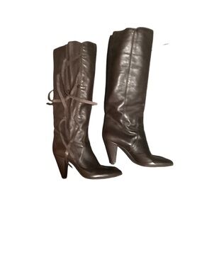 Lavorazione Artigian Women's Tall Brown Leather Heeled Boots with Side Tie